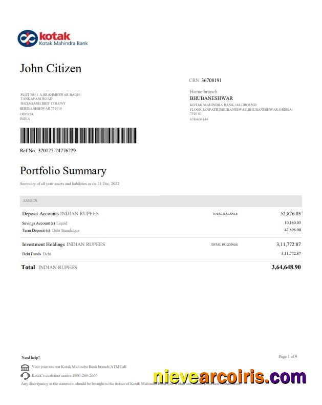 India Kotak Mahindra Bank statement, Word and PDF format, 4 pages, version 2